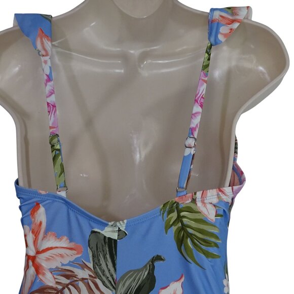 Kona Sol Blue Floral Tropical Print One Piece Swimsuit Women Size M Ruffle - Picture 4 of 12